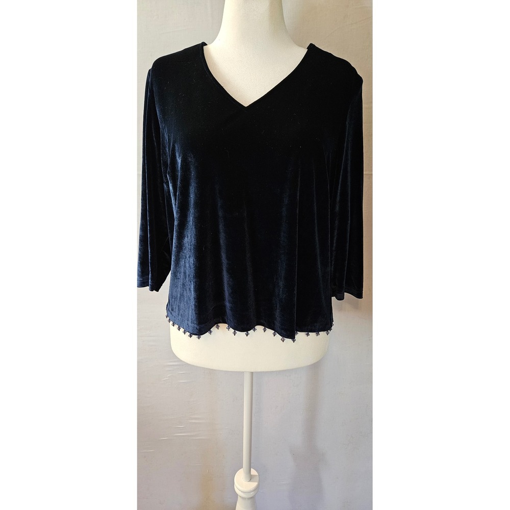 Plaza South Womens Petite 18WP Navy Blue Velvet V-Neck Beaded Hem Top 1725493P